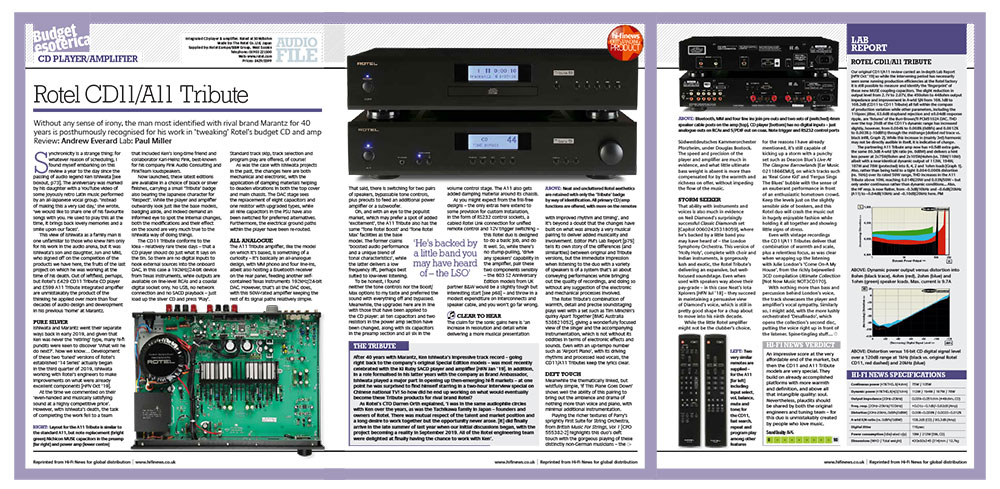 Rotel CD11 / A11 Tribute | Outstanding Product Award, Hi-Fi News, January 2021 | Unilet Sound & Vision